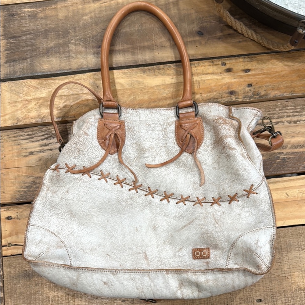 BED|STU Bruna Distressed Cream and Tan Leather Shoulder Bag